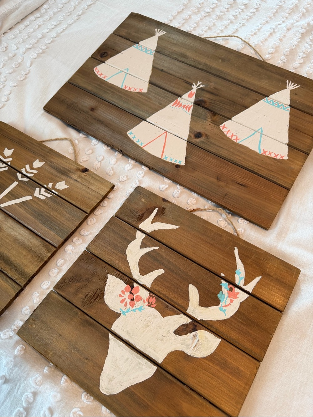 3 hand painted wood art hangings